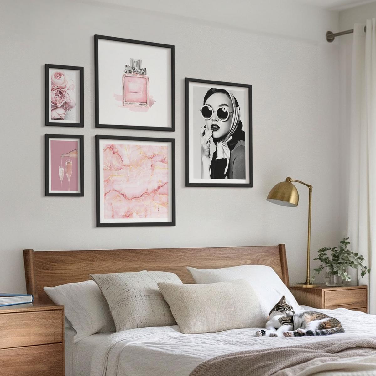 BILDER SET 5er Set - 50x50 cm & 20x30 cm & 40x60 cm Schwarzer Rahmen - Stilvolle pinkfarbene Accessoires - Schwarz, Kunststoff (40/60cm) - TULUP
