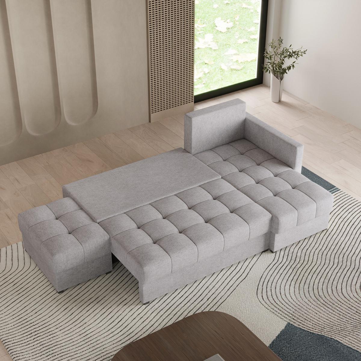 ECKSOFA LUMARI R-S Hellgrau Plüsch-Stoff mit Schlaffunktion - Hellgrau, Holz (262/143cm) - MASSENO