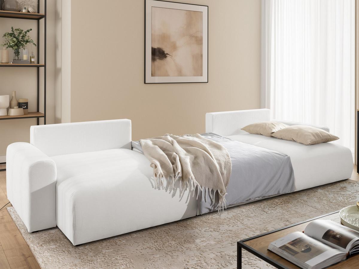 WOHNLANDSCHAFT Calma mit Schlaffunktion und Bettkasten im Bumpy-Design aus weichem Creme Webstoff - Creme/Schwarz, Holz/Textil (336/88/140cm) - S-Style