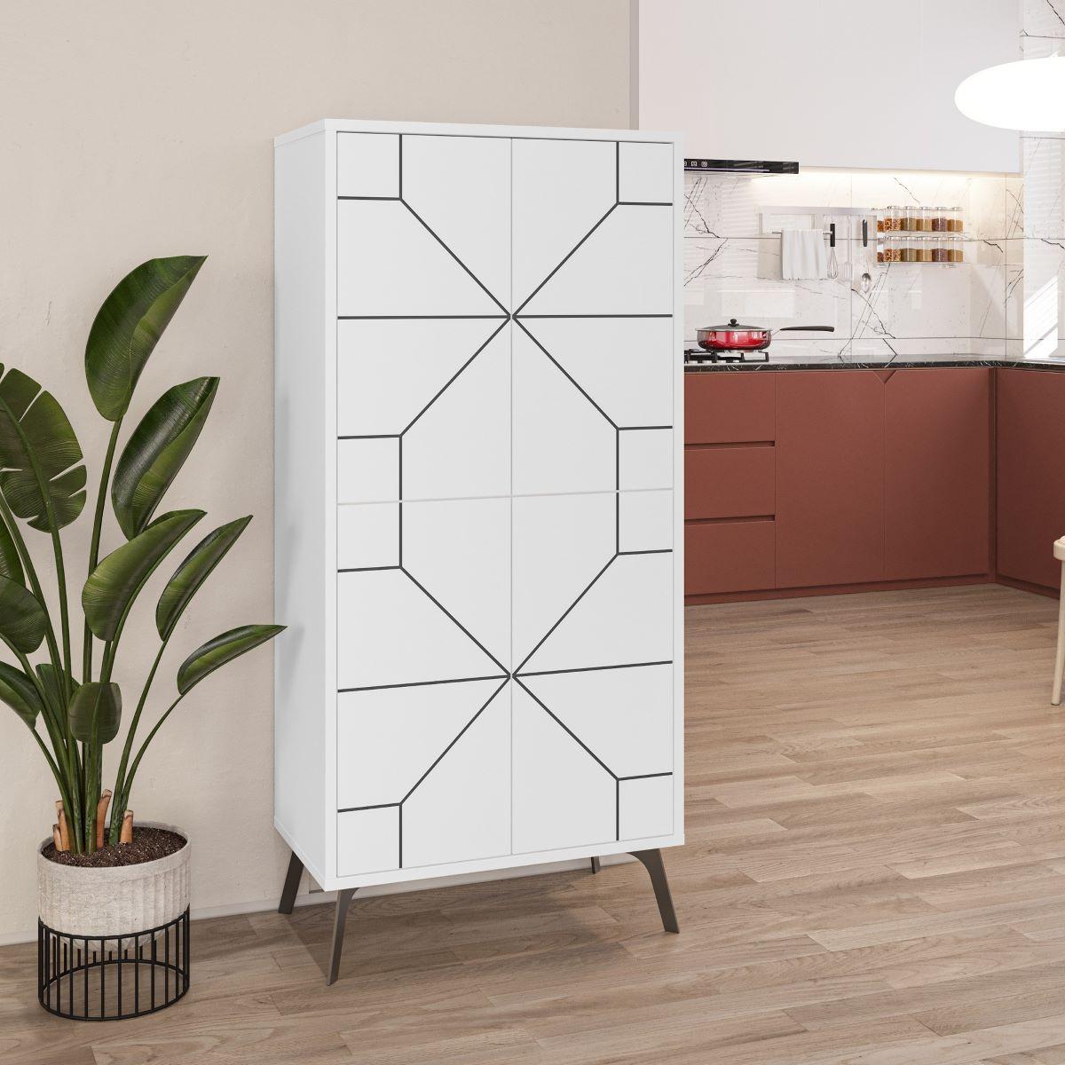 HIGHBOARD mit 4 weißen Türen und schwarzen Dekorationen H136 cm - Dune - Weiß, Holzwerkstoff (35.6/136/62.6cm) - Calicosy