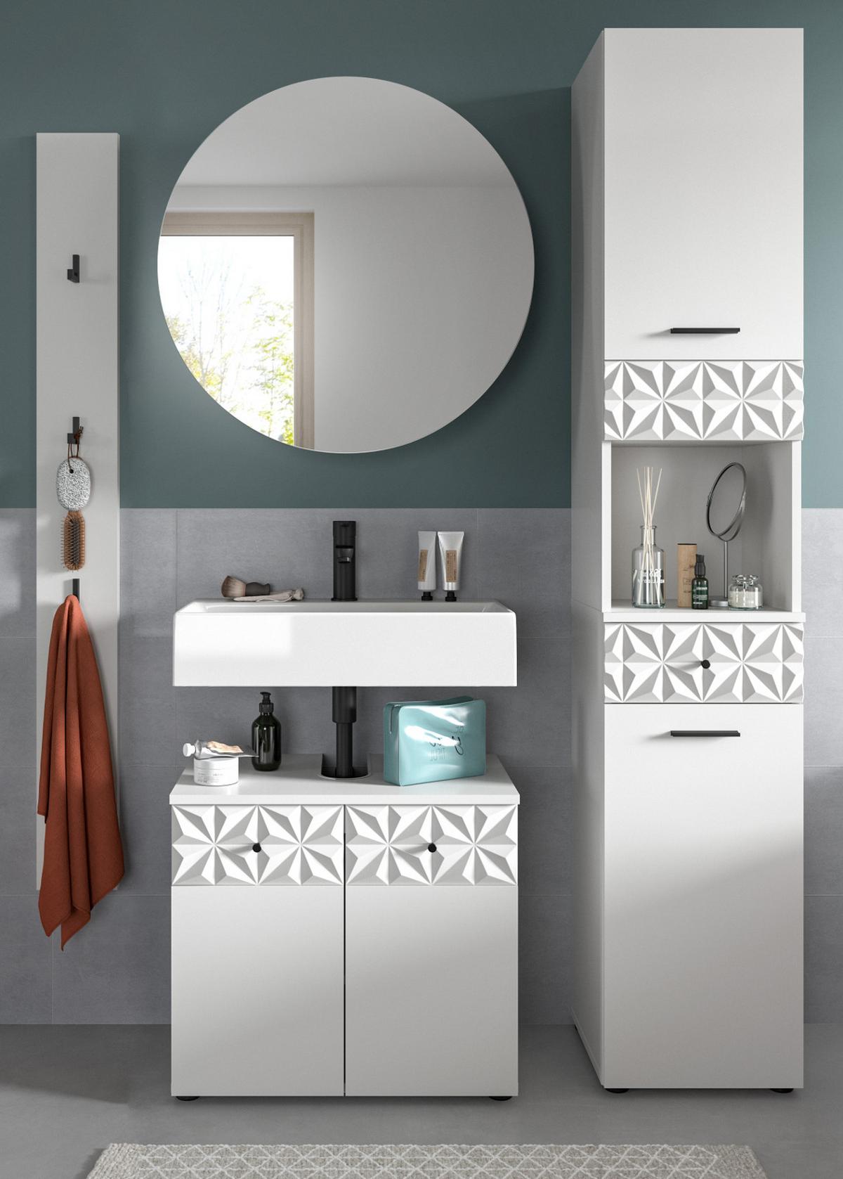 BADMÖBEL-SET weiß Hochglanz 4-teilig 150 cm, Komplettset mit 3D-Struktur - Weiß Hochglanz, Glas/Holzwerkstoff (151/187/37cm) - Inn.Furn