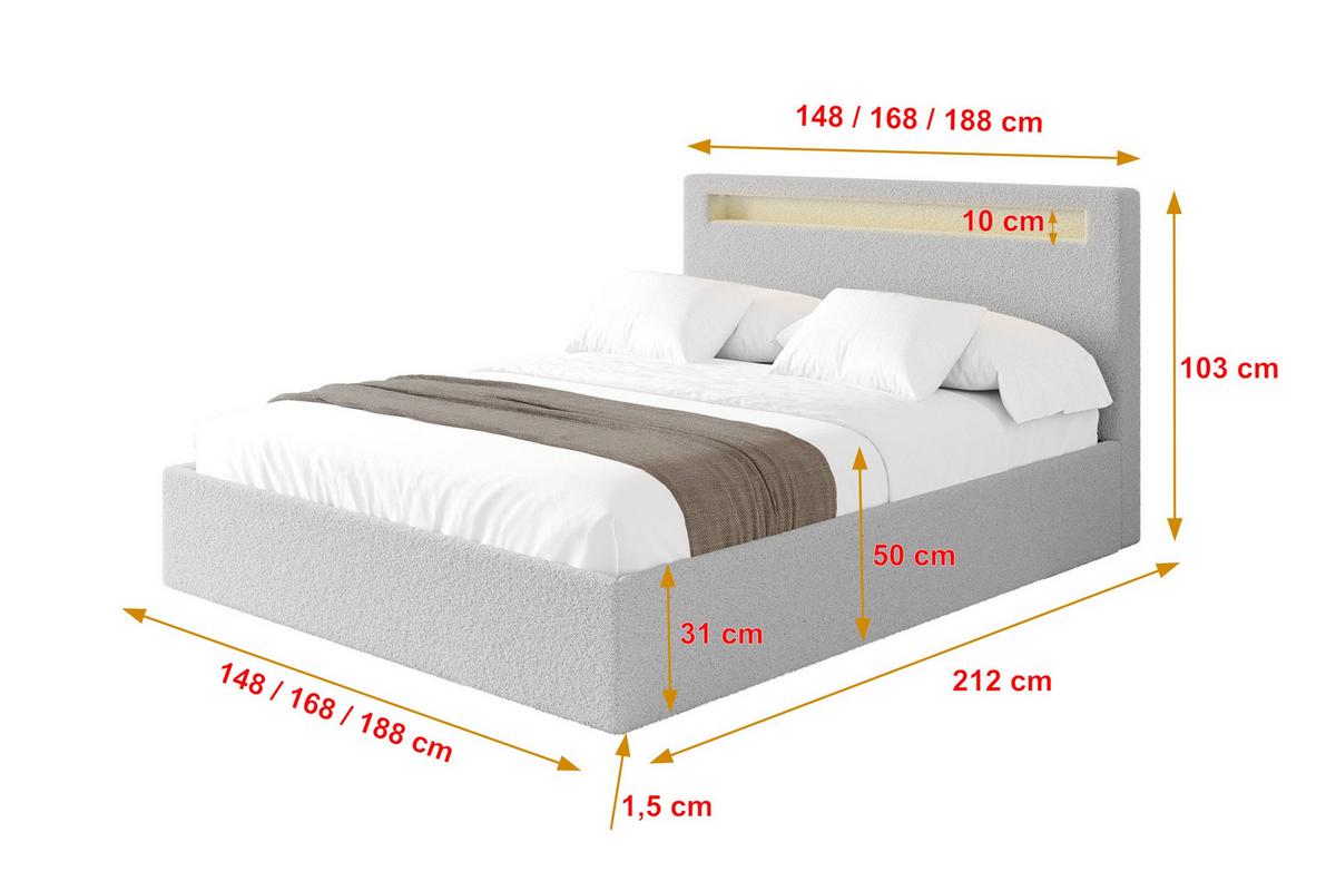 POLSTERBETT mit Bettkasten und Lattenrost, Boxbett ohne Matratze - GOLA 140x200 Hellgrau - Silberfarben, Holzwerkstoff/Textil (140/200cm) - ALTDECOR