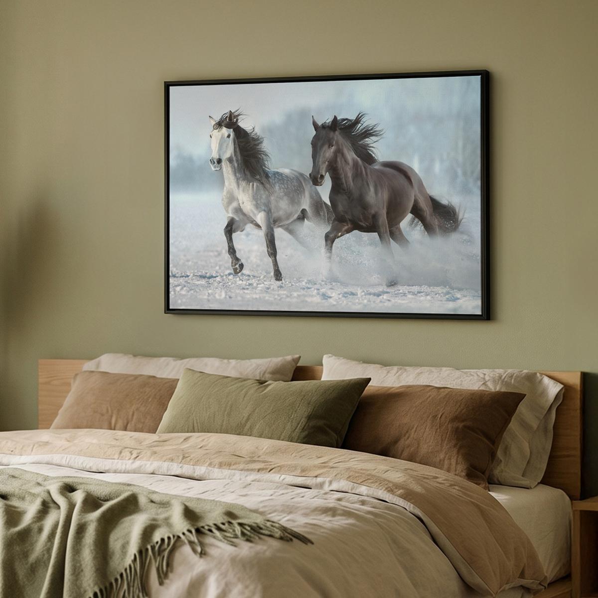 LEINWAND Bilder mit Rahmen - Pferde - Winter - Tiere - Natur - Schnee - 100x70 - Anthrazit, Textil (100/70cm) - MuchoWow