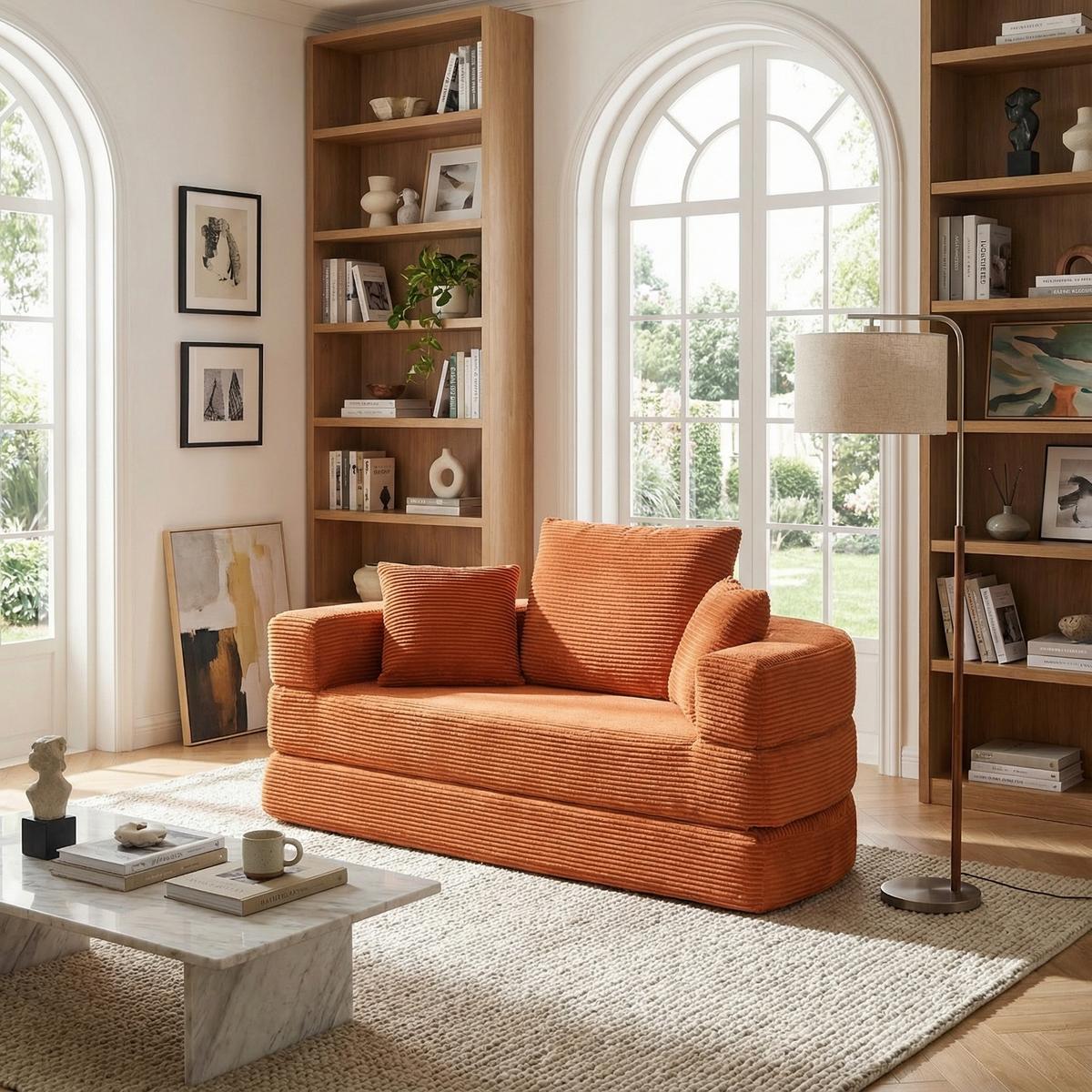 SOFABETT Klappbares Gästebett & Modulares Sofa aus weichem Cord-Stoff - Dunkelorange, Textil (173/40/176cm) - Urban Meuble