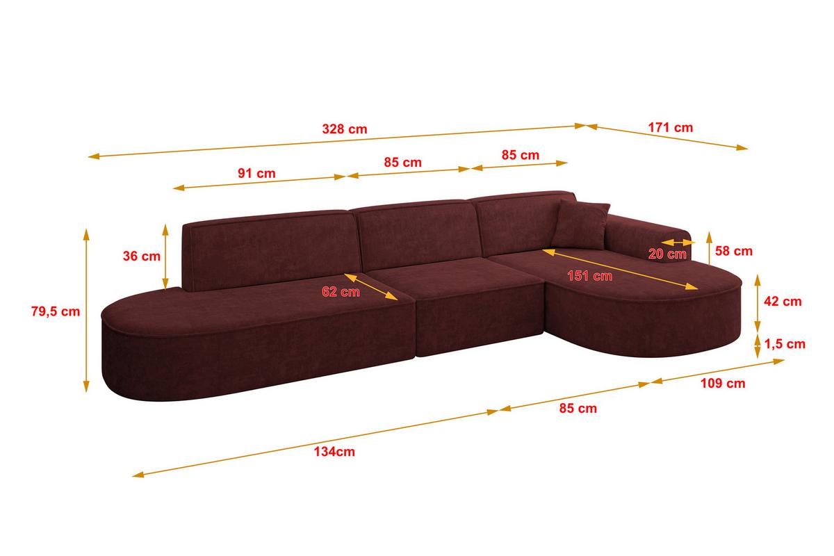 ECKSOFA Ottomane Rechts MARI-L2 - 328x171x79 cm Bordeaux Velours - Bordeaux/Schwarz, Holzwerkstoff/Kunststoff (171/328cm) - ALTDECOR