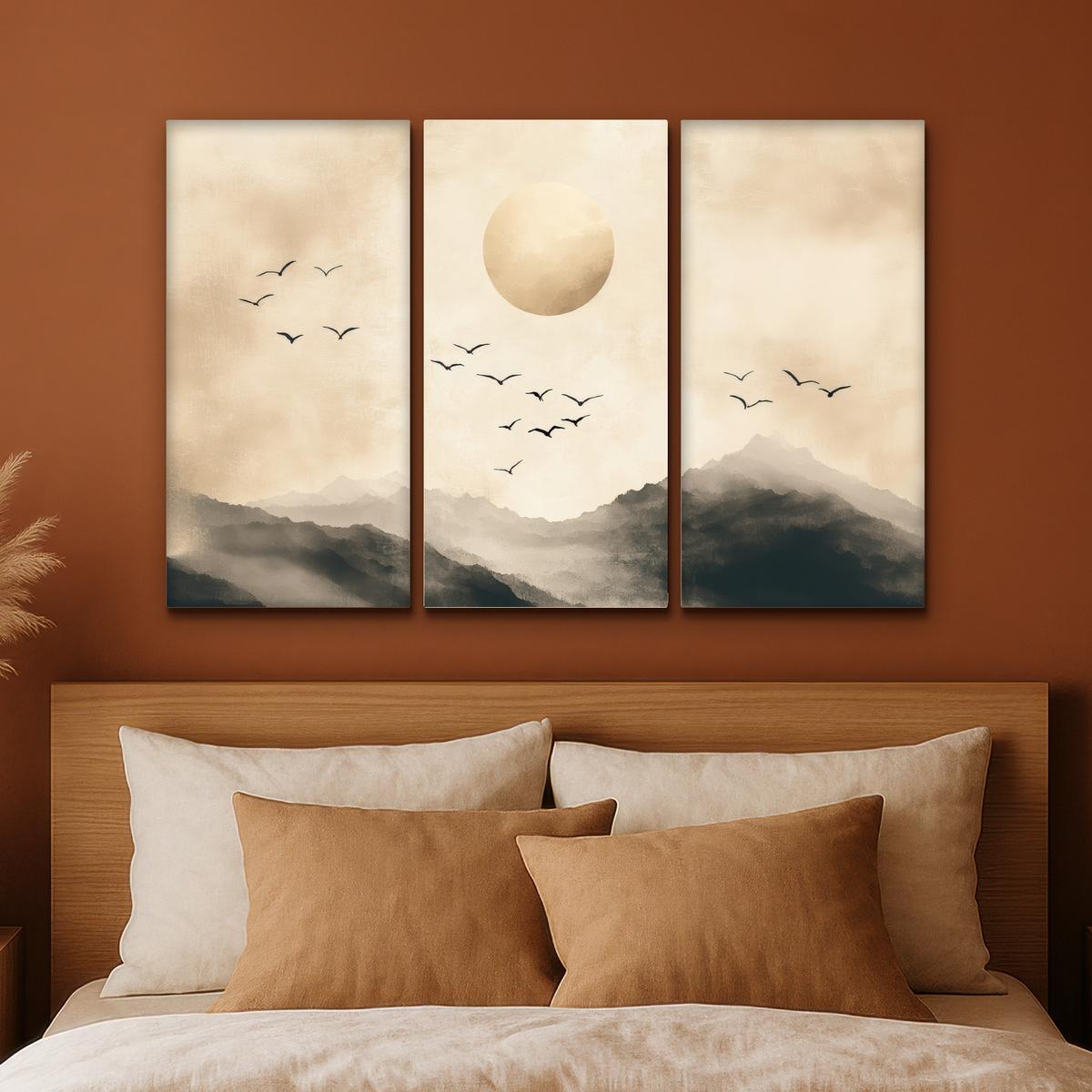 LEINWANDBILD 3er Set Landschaft - Japandi - Beige - Vögel 120x80 cm - Beige, Textil (120/80cm) - MuchoWow