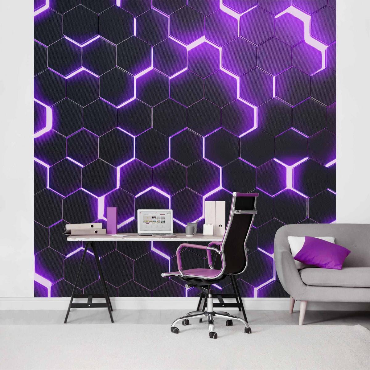 FOTOTAPETE Strukturierte Hexagone mit Neonlicht in Lila 240/240 cm - Schwarz, Papier (240/240cm) - Bilderwelten