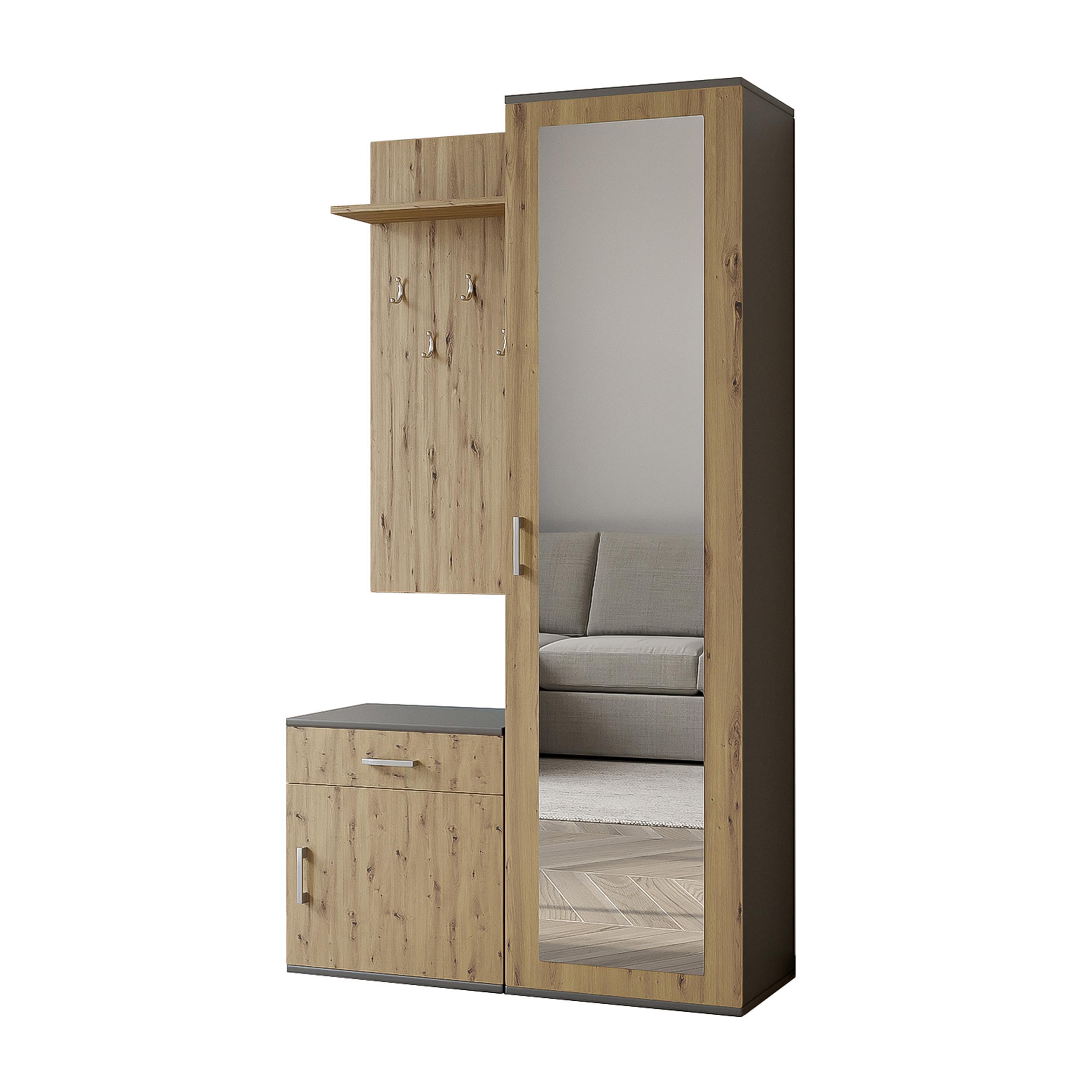 GARDEROBENSCHRANK Magnola Grau Artisan Eiche 100/180,5/35 cm – Modern, mit Spiegel und viel Stauraum - Hellbraun/Grau, Holzwerkstoff/Kunststoff (100/180.5/35cm) - AX Living