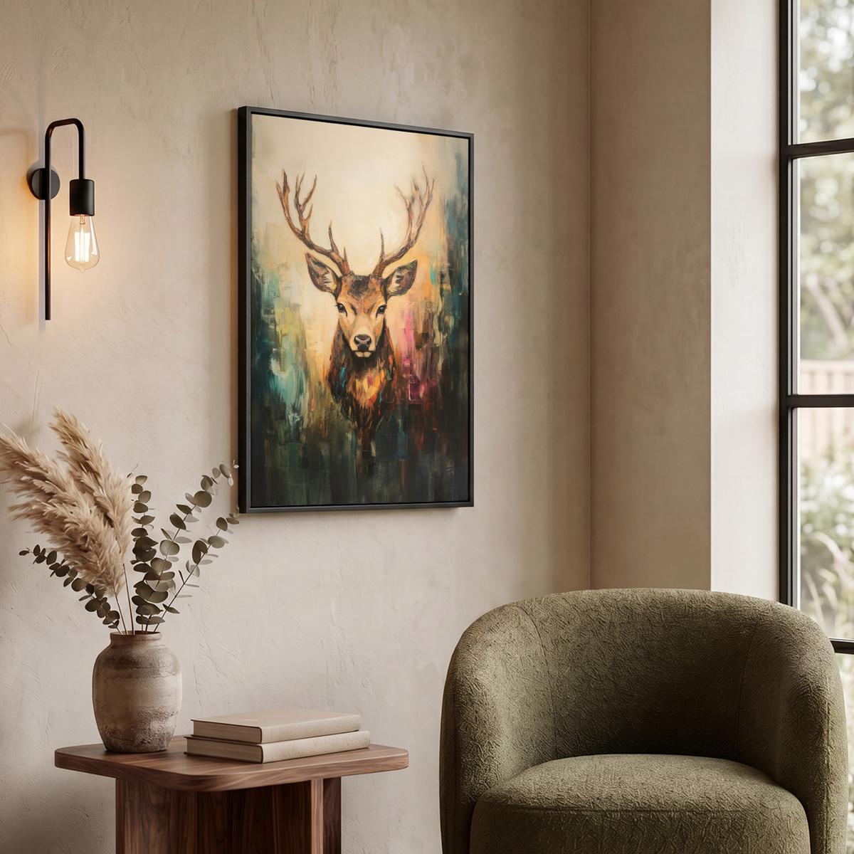 LEINWAND Bilder mit Rahmen - Hirsch - Gemalt - Geweih - Braun - 50x70 - Haselnussfarben, Textil (50/70cm) - MuchoWow