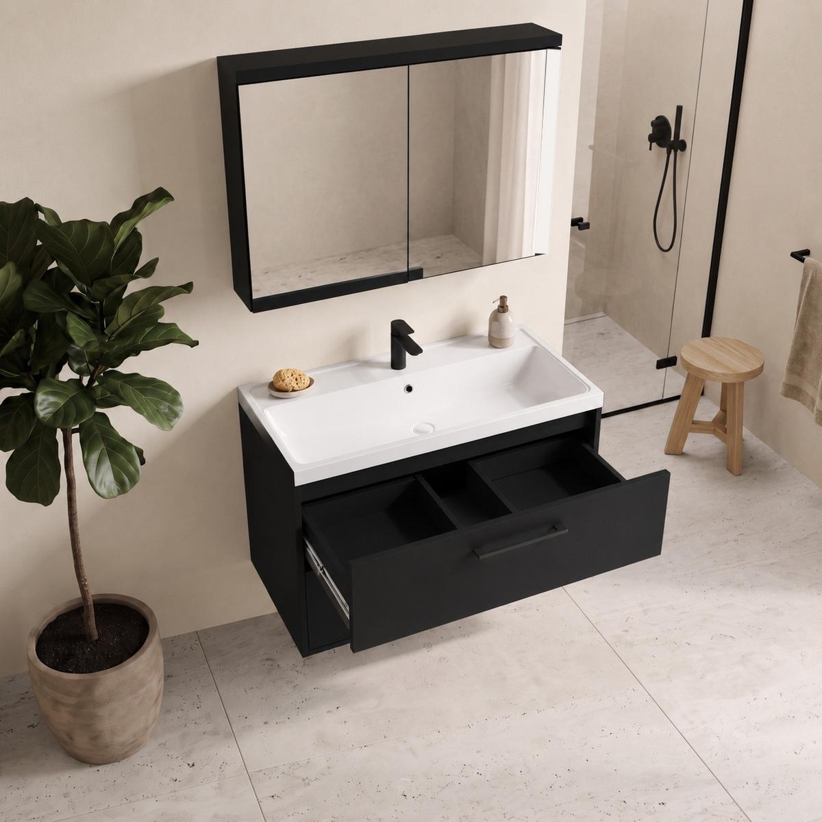 BADMÖBEL-SET Florence 2 Teile Matt Schwarz - 80 x 40 x 51 cm - Schwarz, Holz (80/51/40cm) - Badplaats