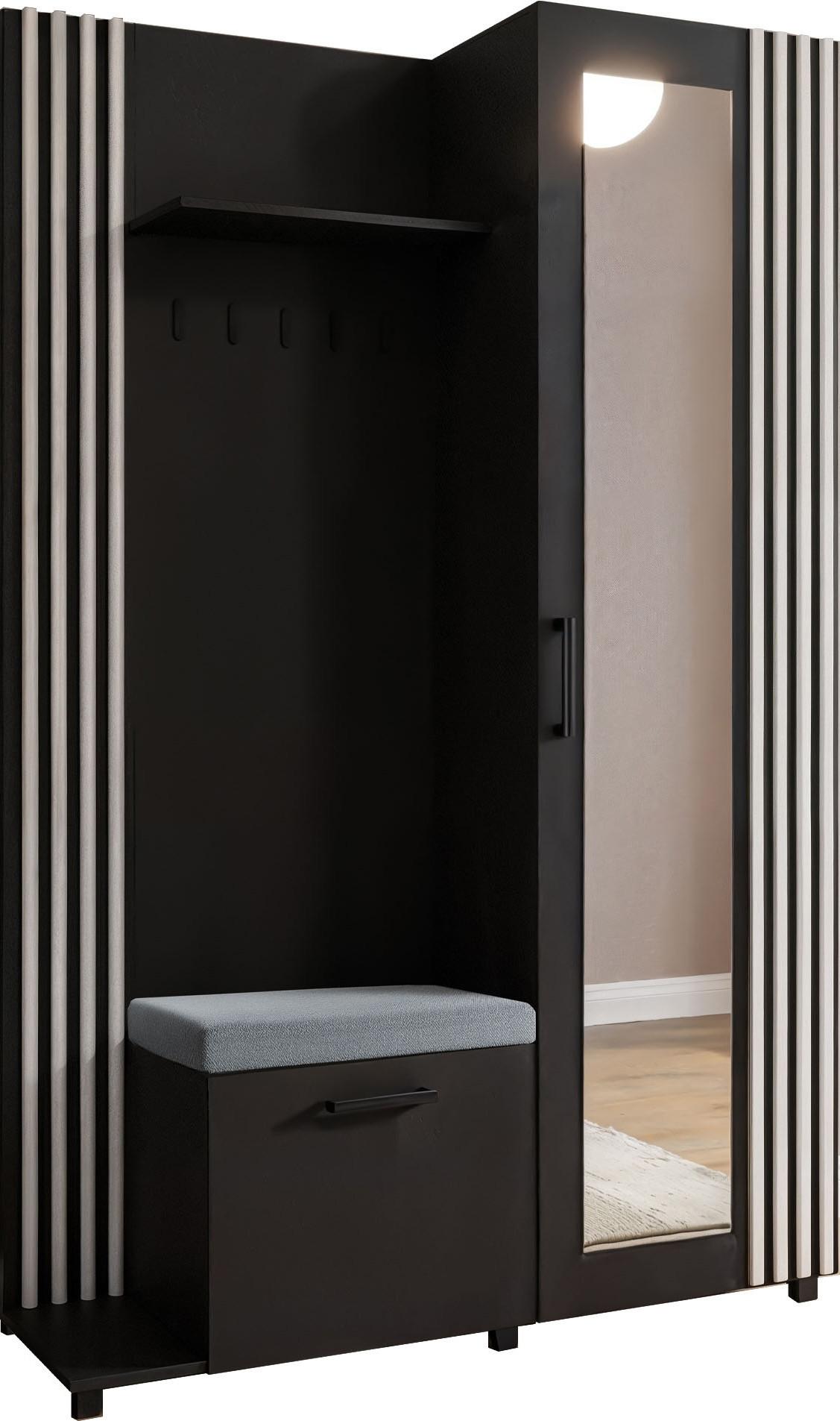 GARDEROBE Linaro mit Spiegel, Sitzbank in Lamellen-Optik 137/207/42 cm, Links - Schwarz, Holzwerkstoff (137/207/42cm) - WFL GROUP