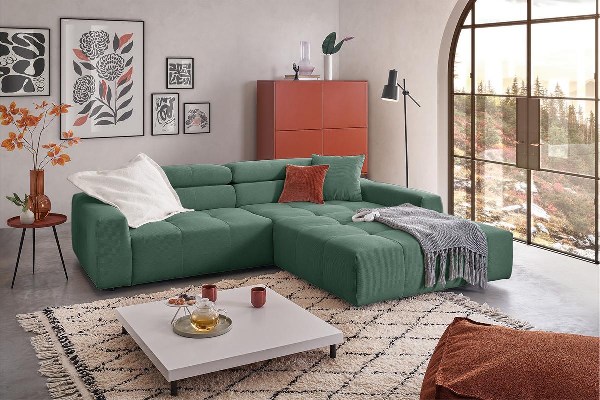 ECKSOFA RENO Smaragdgrün Cord - Smaragdgrün/Schwarz, Kunststoff/Textil (258/217cm) - KAWOLA