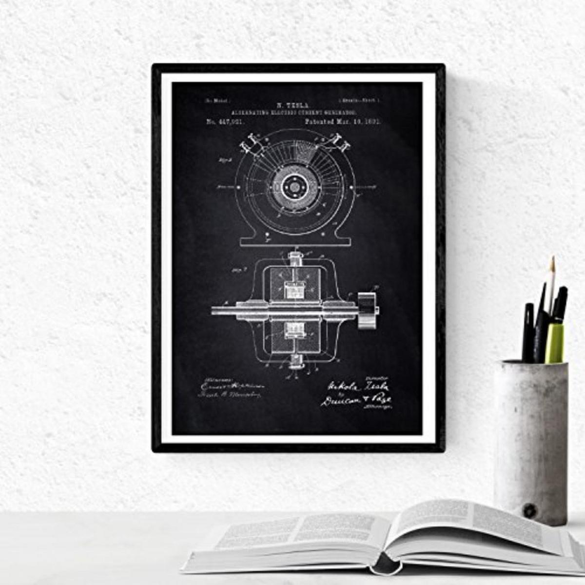 POSTER Set mit 4 Schwarz Patenten Strom A4 Schwarzer Rahmen - Schwarz, Papier (29.7/3cm) - Nacnic