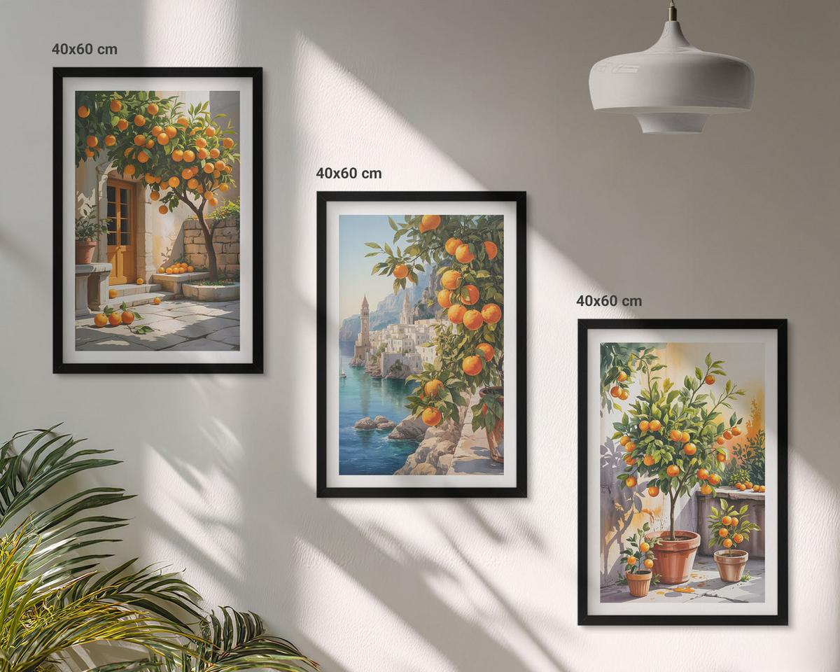 BILDER SET 3er Set - 40x60 cm Schwarzer Rahmen - Gemalte Zitruslandschaften - Schwarz, Kunststoff (40/60cm) - TULUP