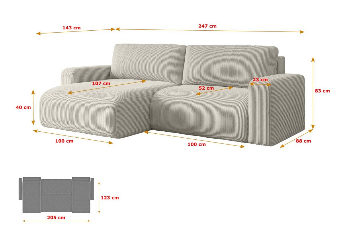 ECKSOFA mit Schlaffunktion und Bettkasten KLEEA-L - 247x143x83 cm Creme Cord - Hellgrau/Creme, Holzwerkstoff/Kunststoff (247/143cm) - ALTDECOR