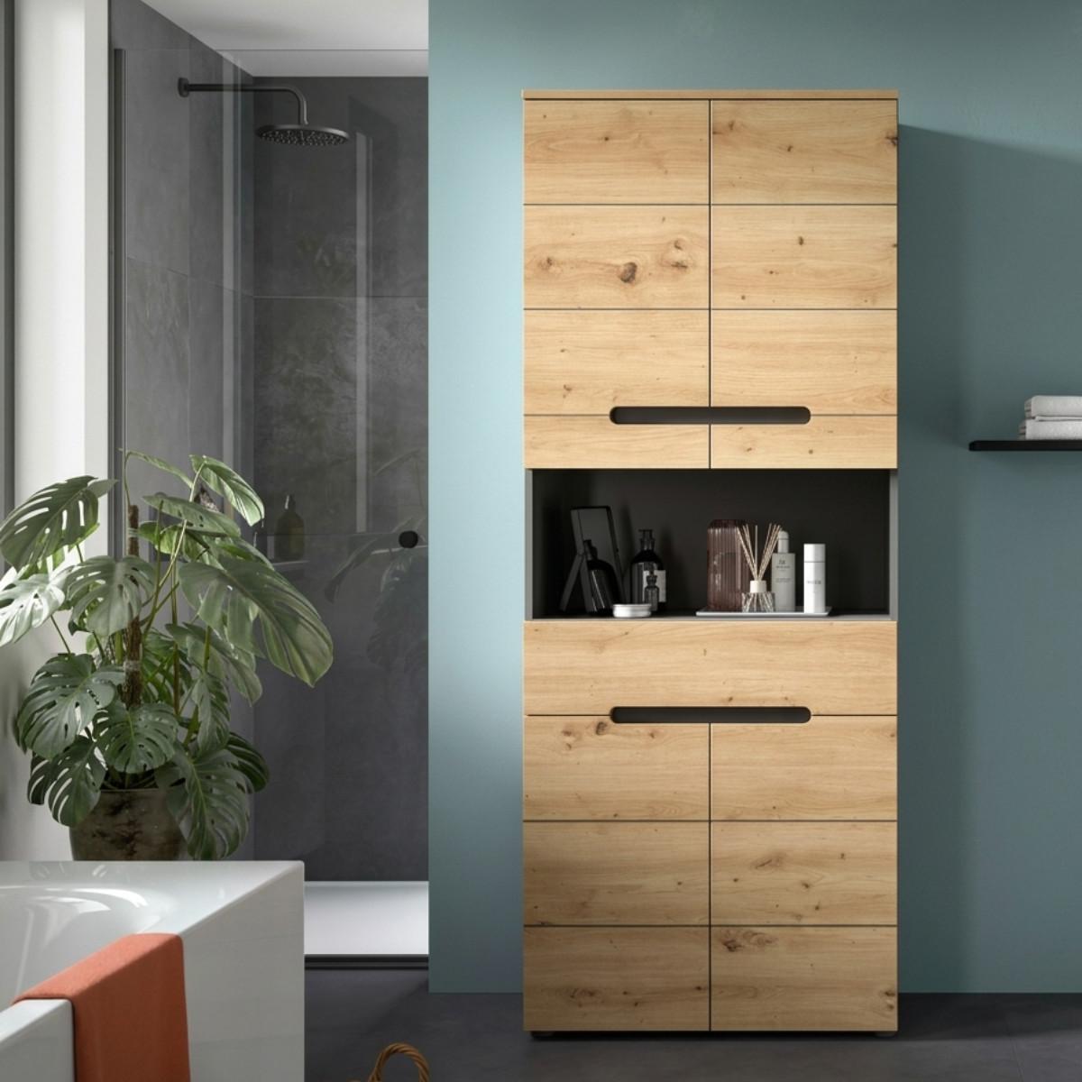 DOPPELSCHRANK für das Badezimmer, 4 Türen, 1 Schublade 34/193/76 cm - Eschefarben, Holzwerkstoff (34/193/43.5cm) - Calicosy