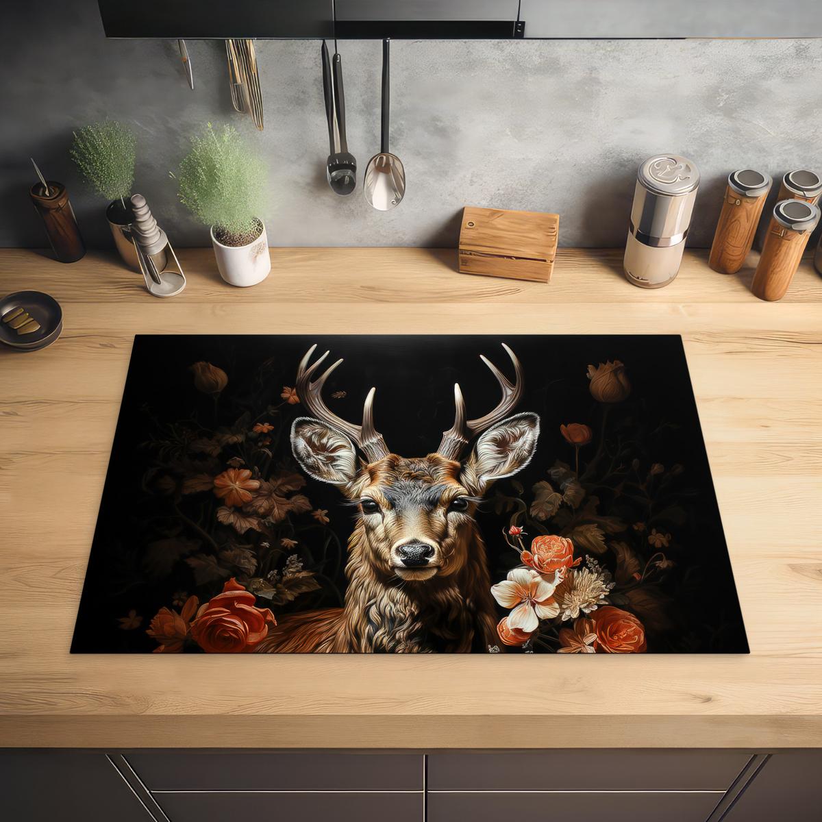 HERDABDECKPLATTE Hirsch - Tier - Blumen - Natur - Botanisch Ceranfeldabdeckung 76x51.5 cm - Kupferfarben, Kunststoff (76/51.5/0.2cm) - MuchoWow