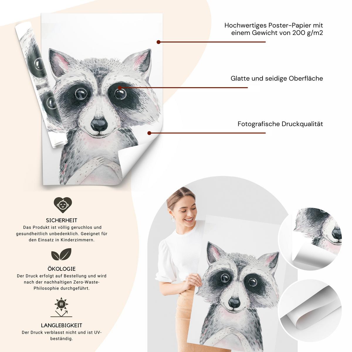 POSTER SET ohne Rahmen für Kinderzimmer WALDTIERE Fuchs Waschbär Reh A3 30x42cm - Beige/Orange, Papier (30/42/1cm) - Muralo