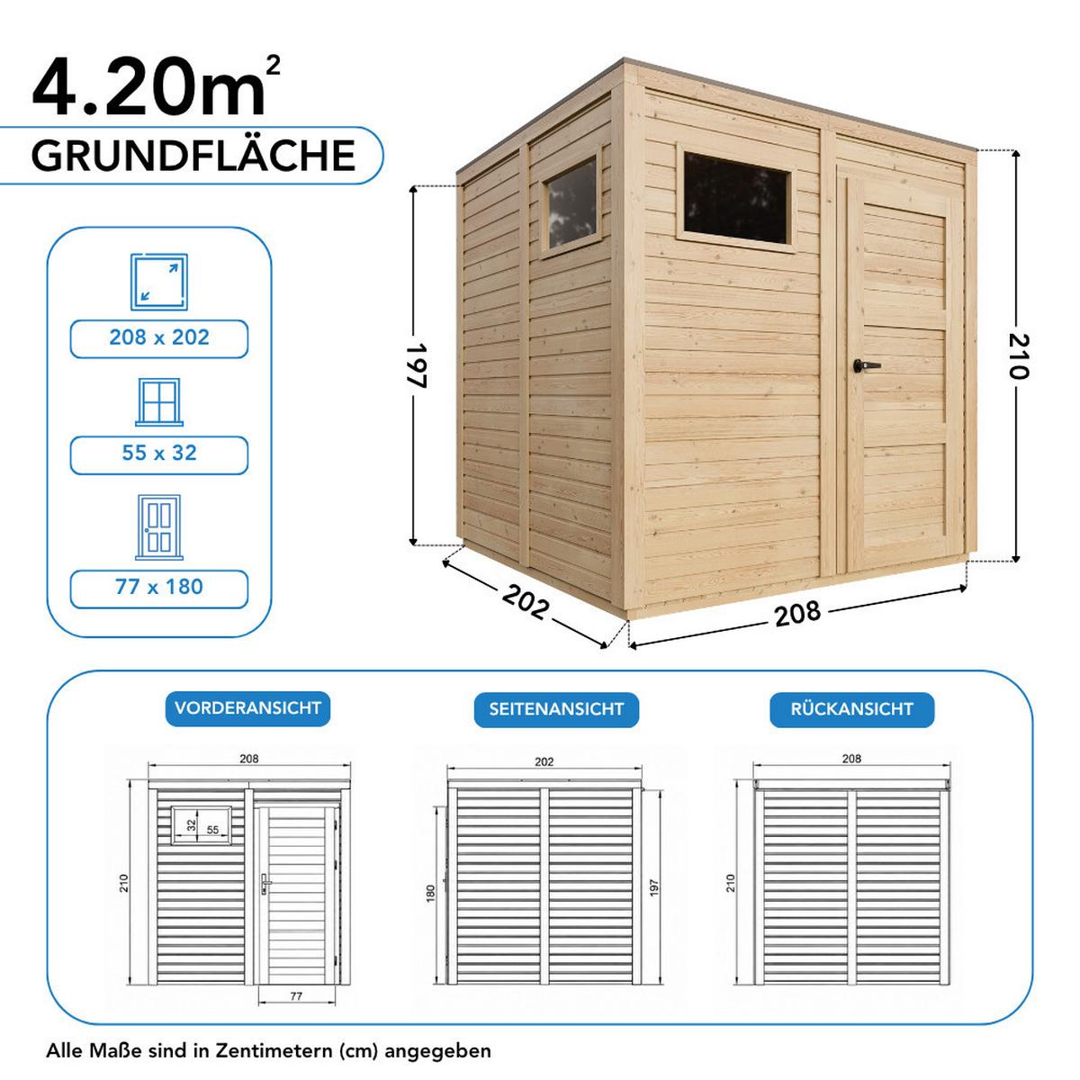 GARTENHAUS Holz 4,20 m², 208/216/202 cm, mit imprägniertem Boden, M325F2+M325G - Beige, Holz (208/216/202cm) - Timbela