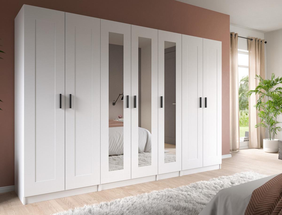 KLEIDERSCHRANK in weiß 280 x 194 cm skandinavisch, Drehtürenschrank 7-türig mit Spiegel - Schwarz/Weiß, Glas/Holzwerkstoff (280/194/56cm) - Inn.Furn