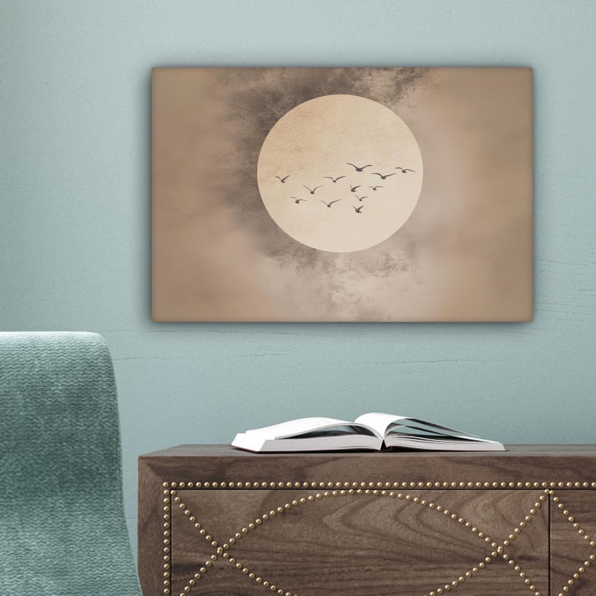 LEINWANDBILD Vogel - Beige - Japanisch Deko Schlafzimmer 30x20 cm - Taupe, Textil (30/20cm) - MuchoWow