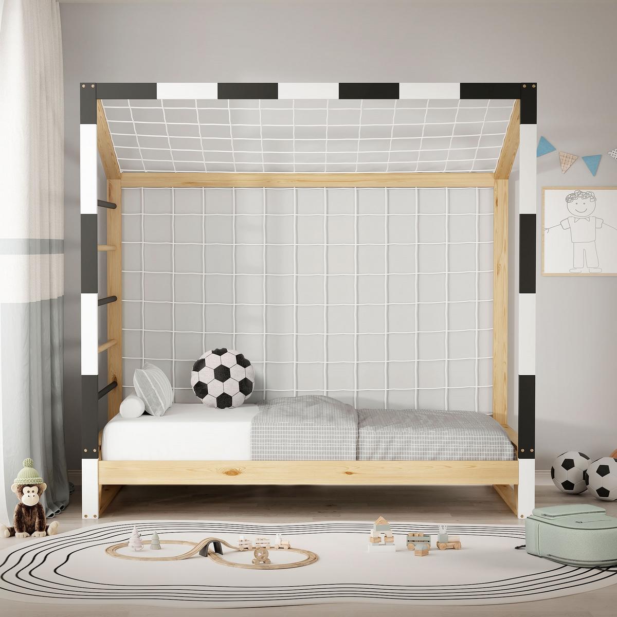 KINDERBETT Fußballtor 80x160 cm Schwarz-Weiß - Hellbraun, Holz (80/170cm) - ML-DESIGN