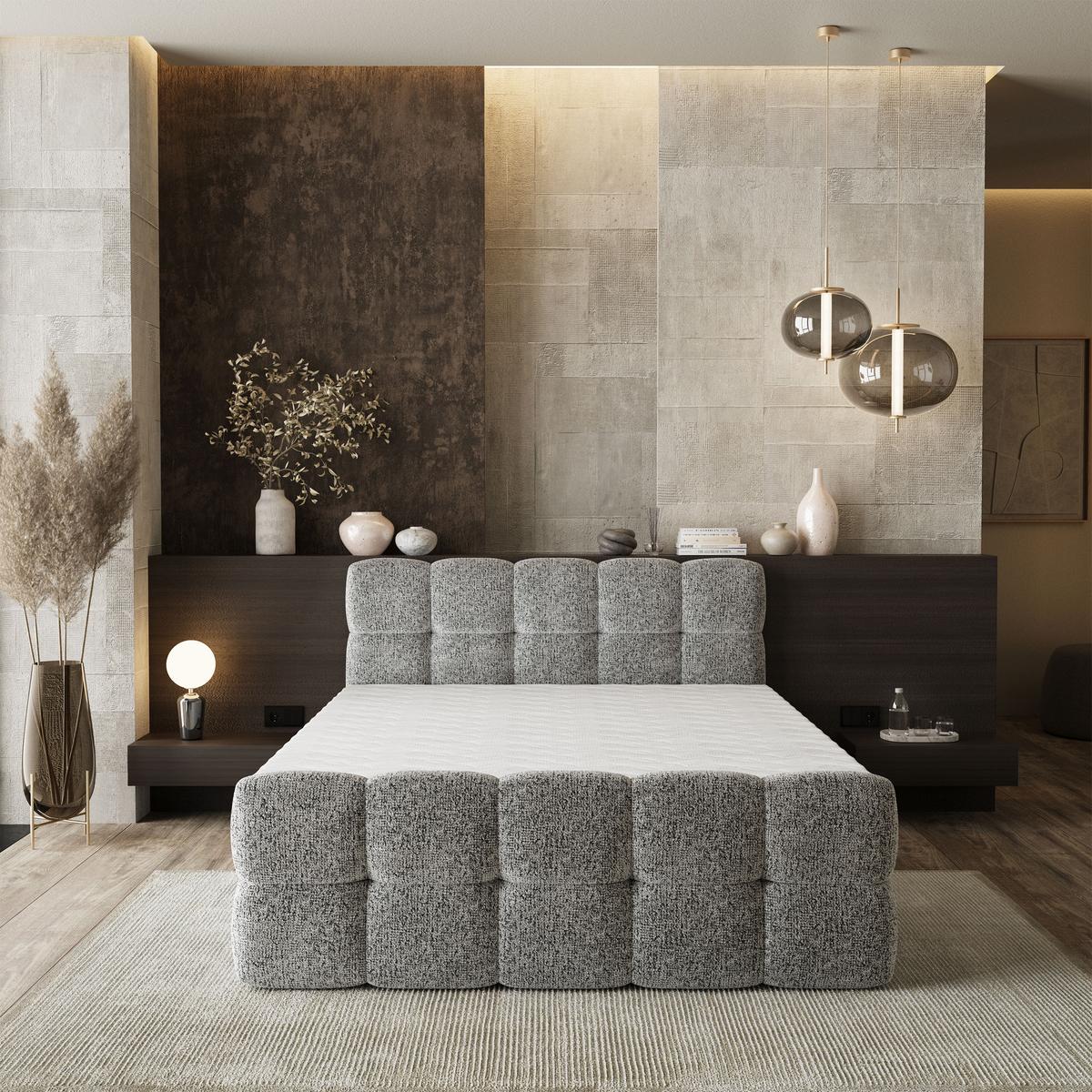 BOXBETT BRUME 160x200 cm mit Matratze und Topper, H2+H3 - Hellgrau - Hellgrau, Holz (160/200cm) - MASSENO