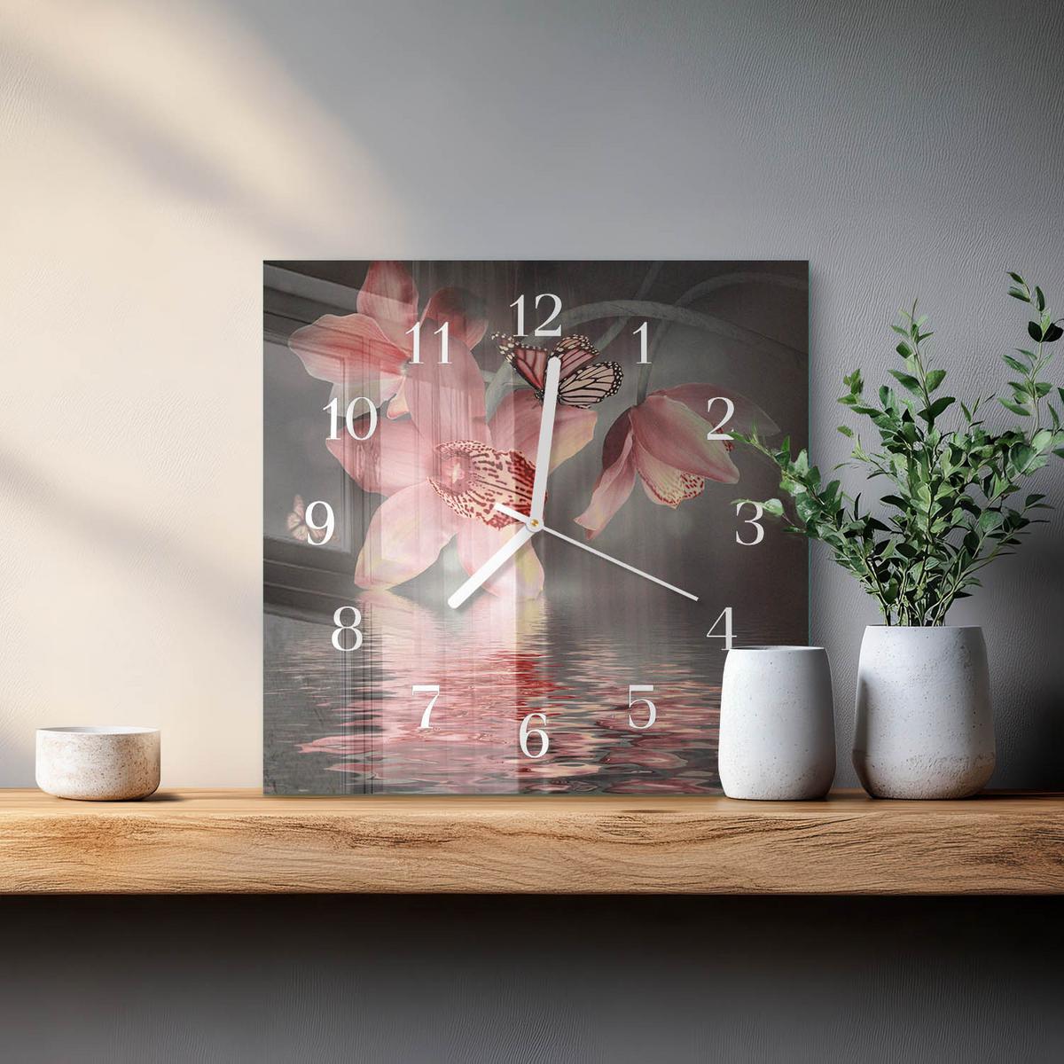WANDUHR aus Glas 30x30 cm - Orchidee - Pink, Glas (30/30/0.4cm) - TULUP