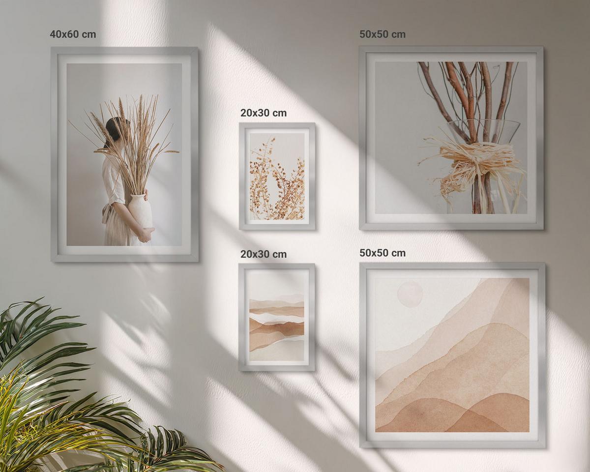 BILDER SET 5er Set - 50x50 cm & 20x30 cm & 40x60 cm Silberner Rahmen - Pflanzenmotive im Boho-Stil - Silberfarben, Kunststoff (40/60cm) - TULUP