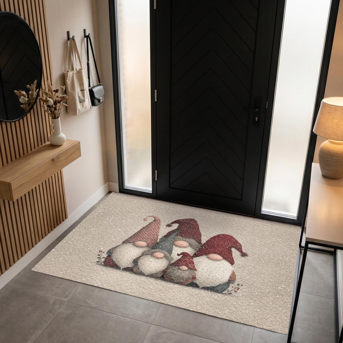 FUSSMATTE Wichtel - Weihnachten - Schnee - Zipfelmützen Türmatte 180x120 cm - Beige, Kunststoff (180/0.4cm) - MuchoWow