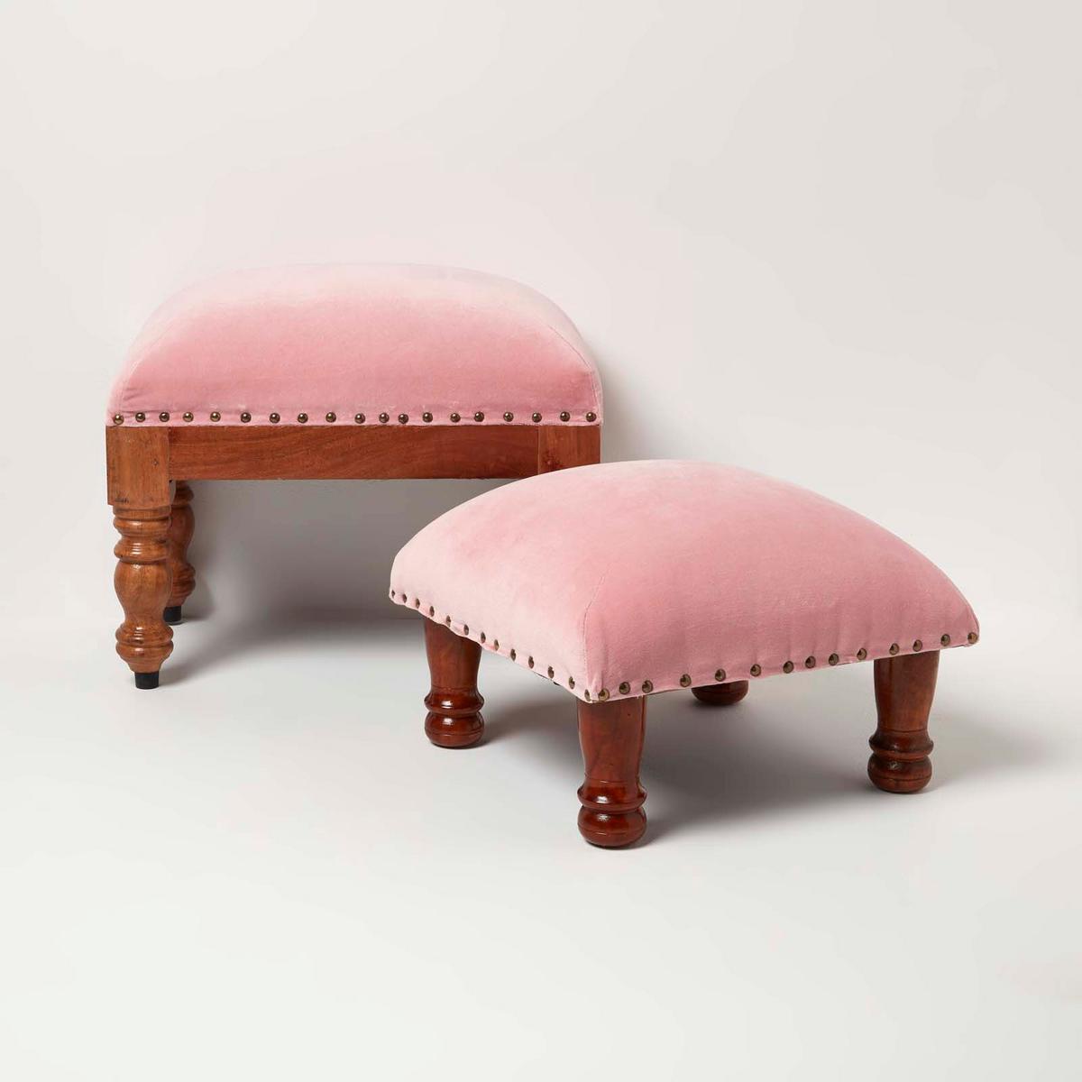 SAMT-HOCKER Mable, rosa mit Holzbeinen, 50/30/40 cm - Rosa, Textil (30/40/50cm) - Homescapes