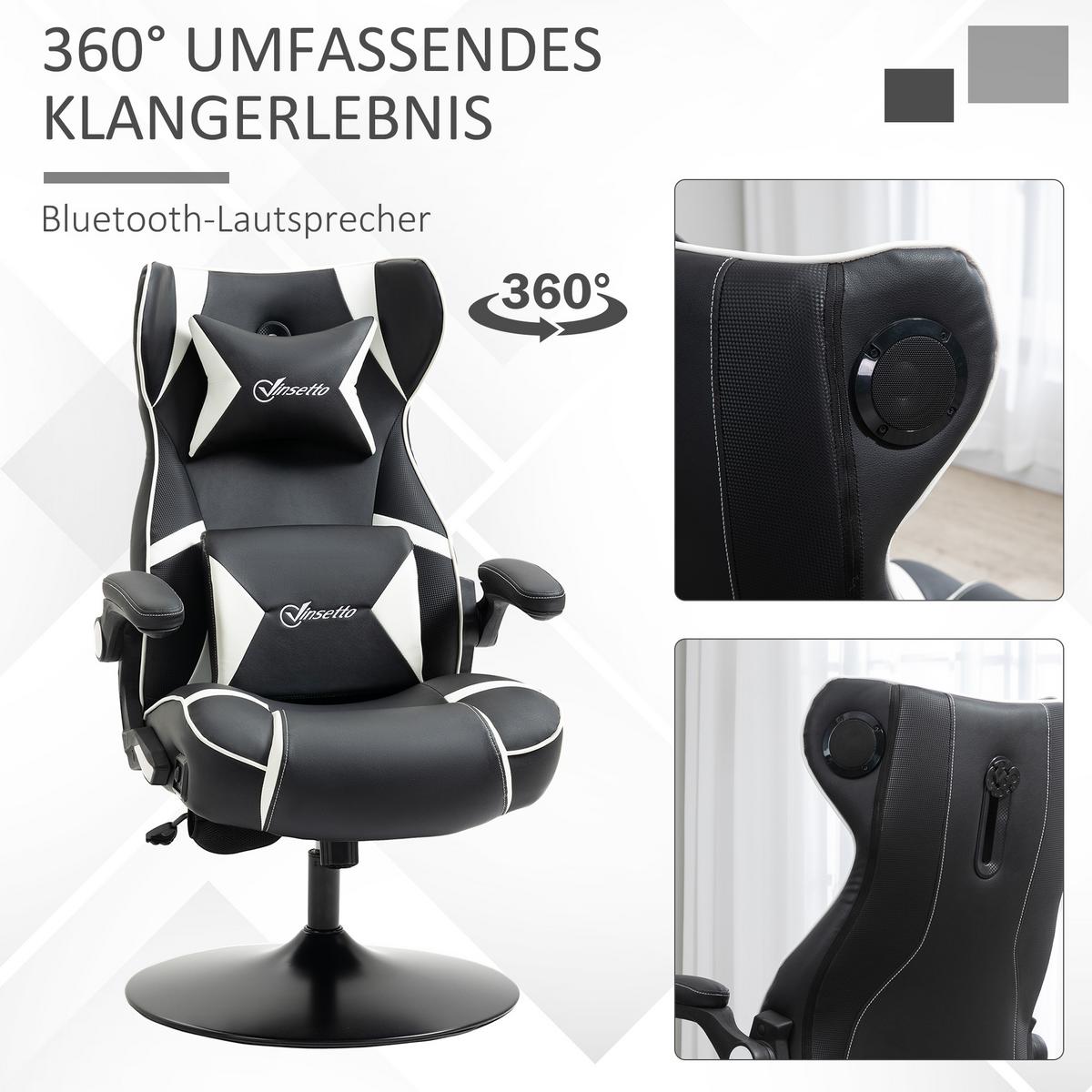 GAMINGSESSEL mit Wippfunktion Gaming Stuhl mit Lautsprecher Bürostuhl PU - Schwarz/Weiß, Leder (73/118/69cm) - Vinsetto