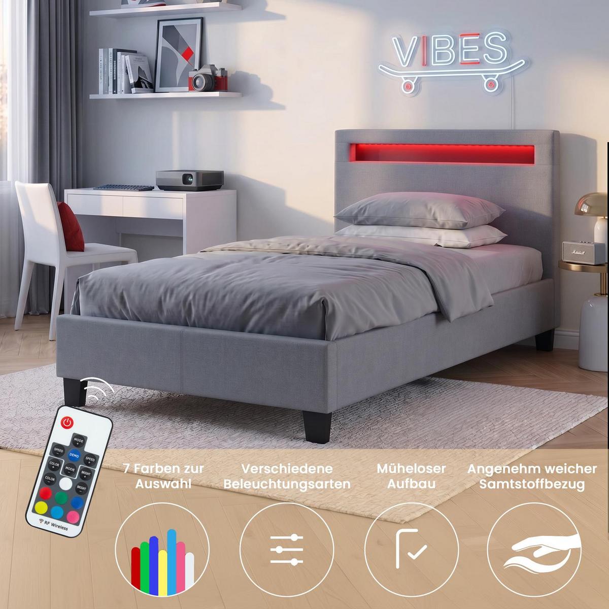 POLSTERBETT MIT LED HIMALAYA 90X200 CM - Grau, Textil (90/200cm) - CARO-Möbel