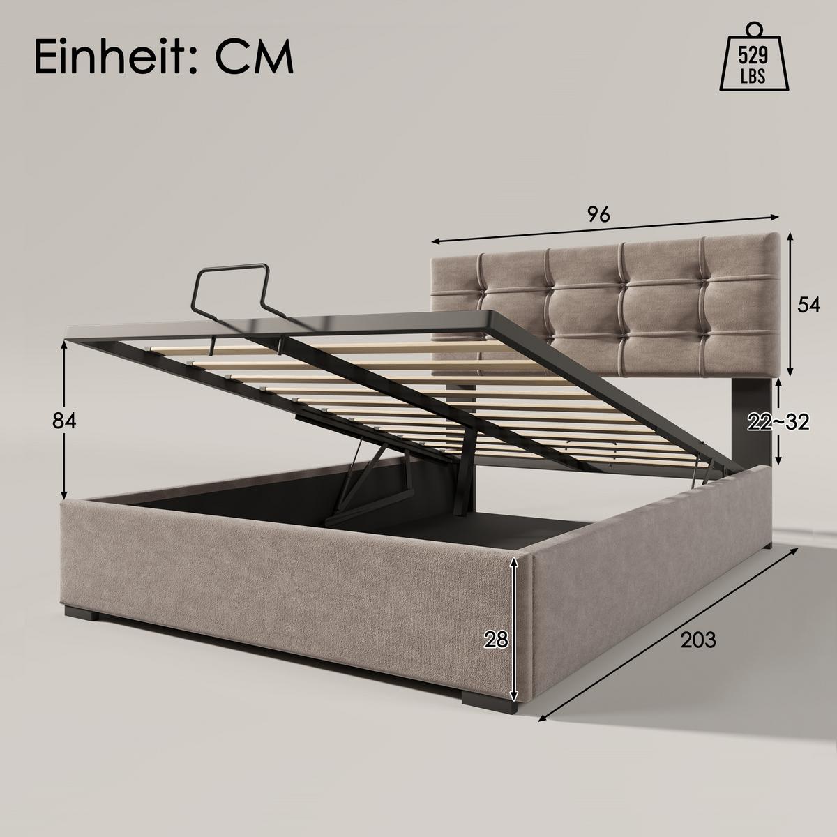 DOPPELBETT Hellgrau 203/96/97,5–117,5 cm - Grau, Holz/Textil - Urban Meuble