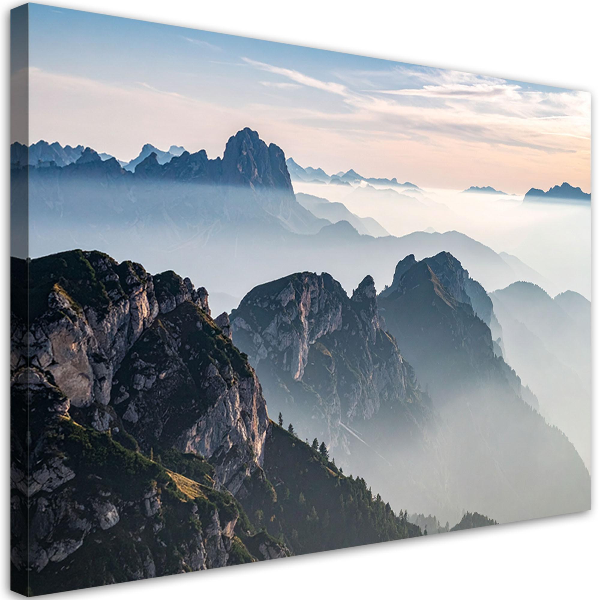 LEINWANDBILD Landschaft Berge Nebel Natur 120x80cm - Grau, Textil (120/80cm) - Feeby