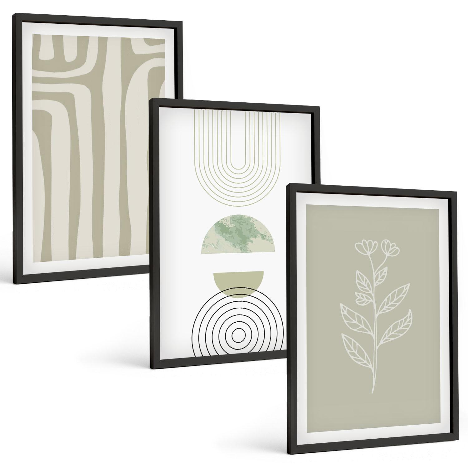 BILDER SET 3er Set - 40x60 cm Schwarzer Rahmen - Geometrische Pflanzenmuster - Schwarz, Kunststoff (40/60cm) - TULUP