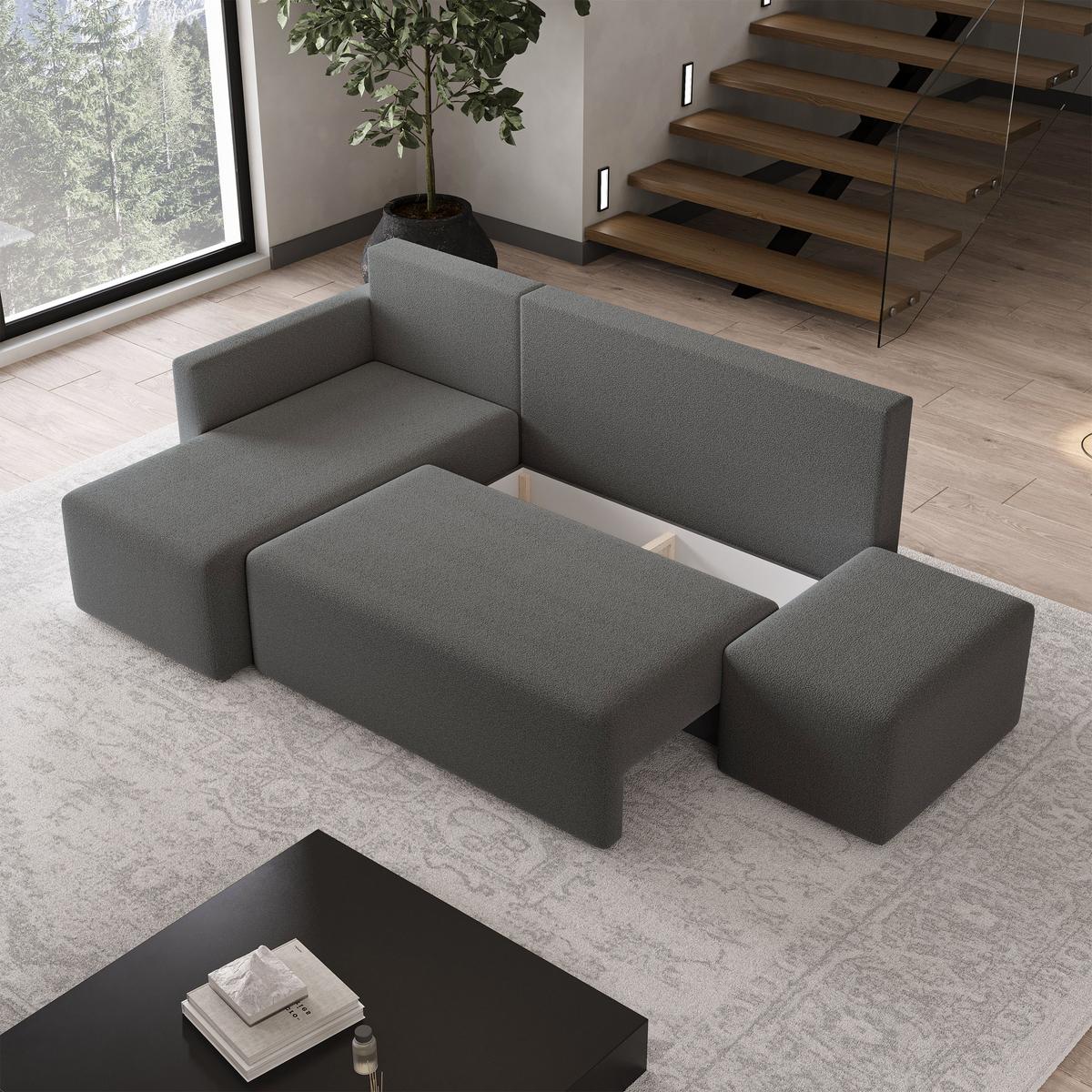 ECKSOFA VELOTTI L-S Grau Boucle-Stoff mit Schlaffunktion - Grau, Holz (261/143cm) - MASSENO