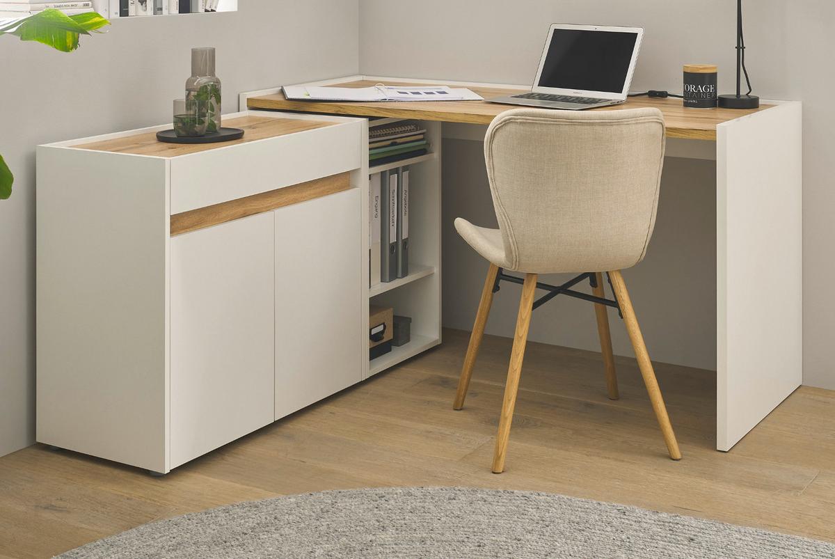 SCHREIBTISCHKOMBINATION 3-teilig weiß, Eiche Wotan 143 cm, Büromöbel Set mit Aktenregal und Kommode - Eichefarben/Eiche Wotan, Holzwerkstoff/Kunststoff (140/143/76cm) - Furn.Design