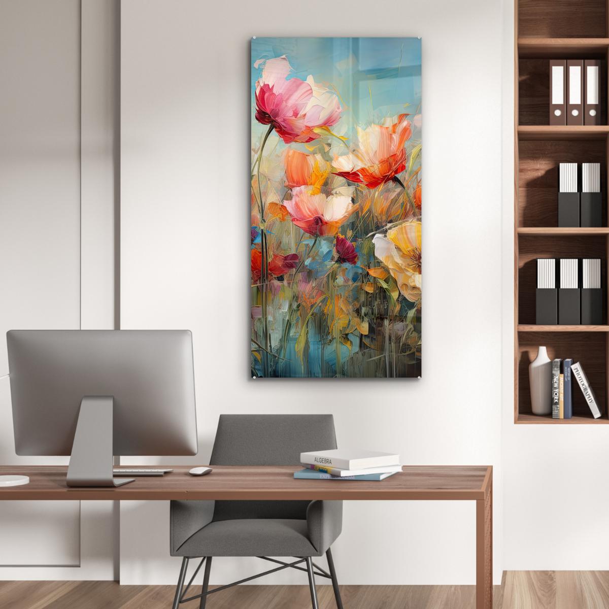 ACRYLGLASBILD Blumen - Aquarell - Kunst - Botanisch - Natur 60x120 cm - Orange, Glas (60/120cm) - MuchoWow