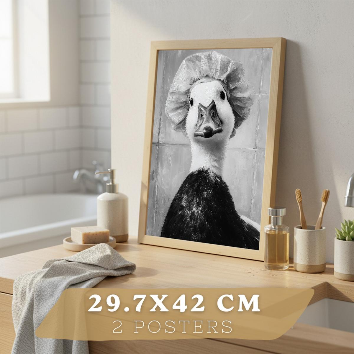 POSTER 2er-Set lustige Tiermotive in Schwarz-Weiß fürs Badezimmer, witzige für Toilette, Bad, minimalistischer Stil Leichter Holzrahmen A3 - Beige, Papier (42/29.7/3cm) - Nacnic