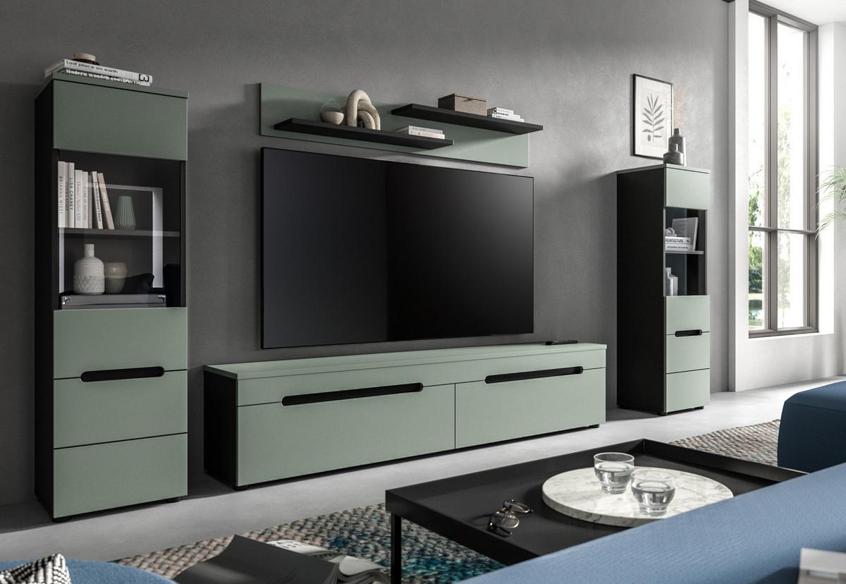 WOHNWAND Salbei Grün und Grau, Schrankwand 270 cm hängend oder stehend, Soft-Close - Salbeigrün/Schwarz, Glas/Holzwerkstoff (272/141/33cm) - Inn.Furn
