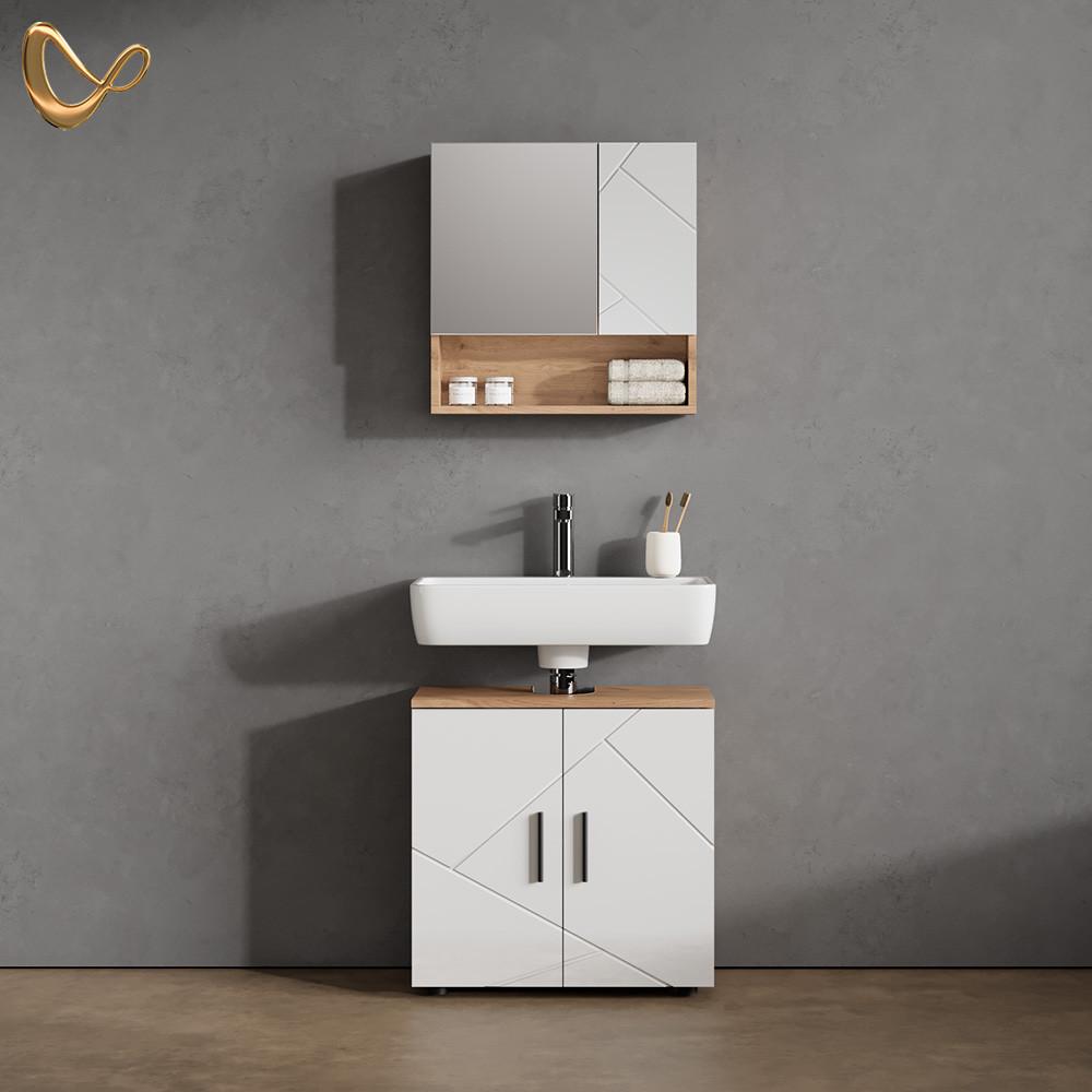 BADMÖBEL-SET Ronco Weiß Hochglanz/Goldkraft Eiche 2 Teile, Unterschrank 60 cm - Honigeiche/Weiß Hochglanz, Holzwerkstoff (60/59/30cm) - Livinity®