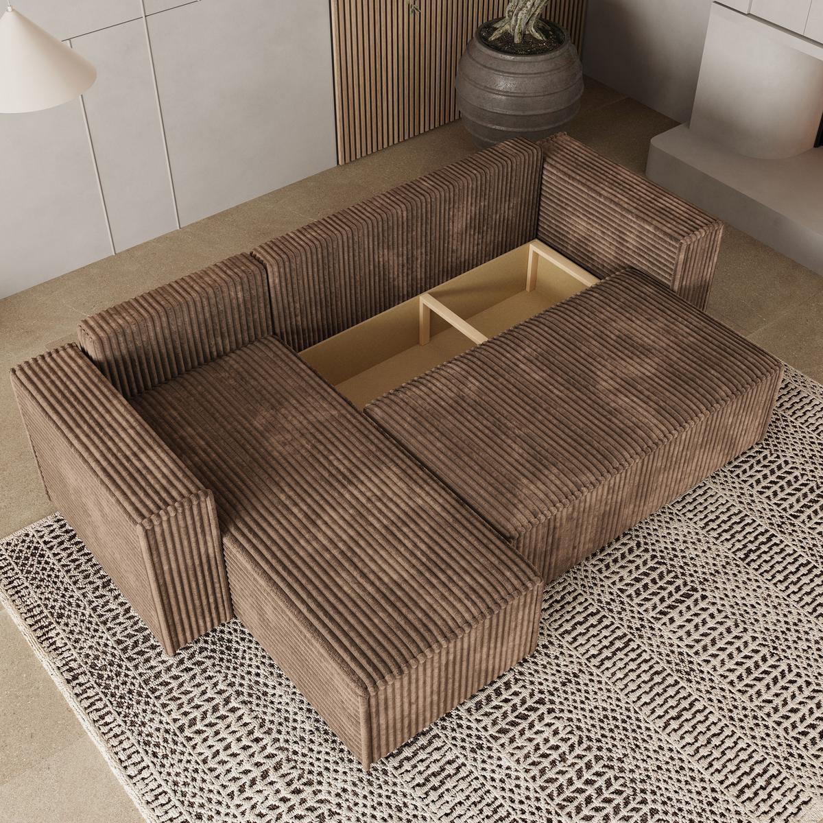 ECKSOFA RAVELO T Beige Kordstoff mit Schlaffunktion - Beige/Grau, Holz/Kunststoff (240/140cm) - MASSENO