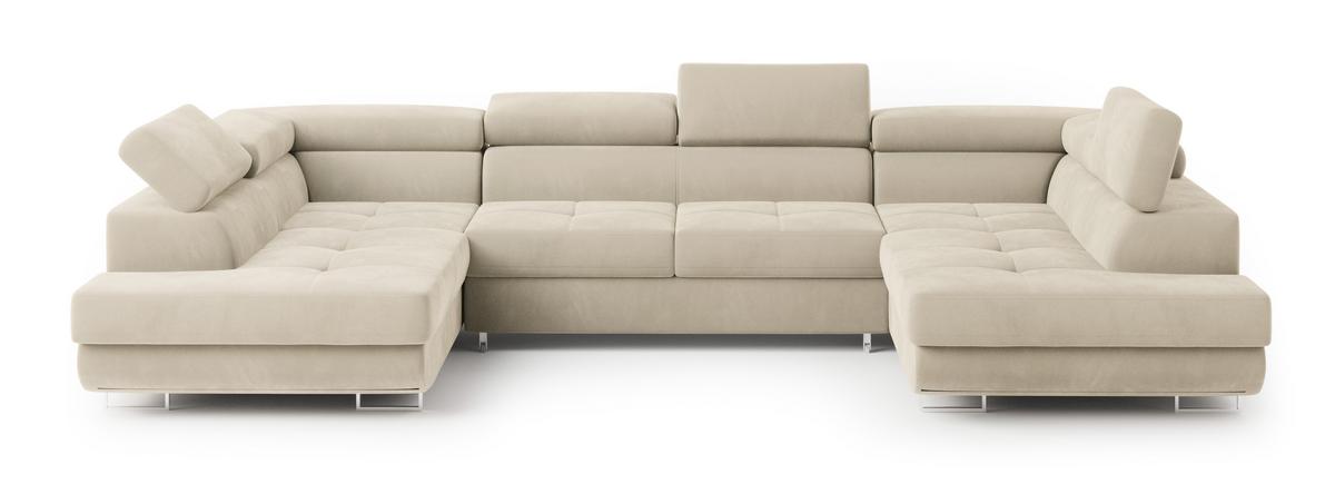 WOHNLANDSCHAFT RAGGIO Creme Velours-Stoff mit Schlaffunktion - Creme, Holz (336/90/202cm) - MASSENO