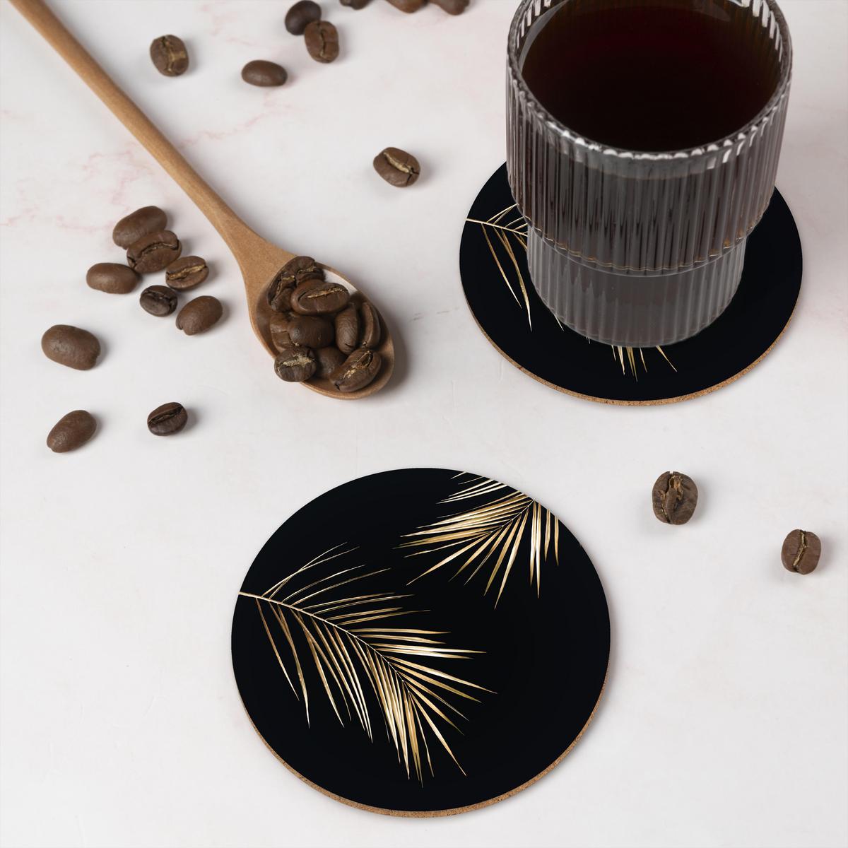 GLASUNTERSETZER Blätter - Pflanzen - Gold - Schwarz - Luxus Getränkeuntersetzer 10x10 cm - Schwarz, Naturmaterialien (10/0.2cm) - MuchoWow