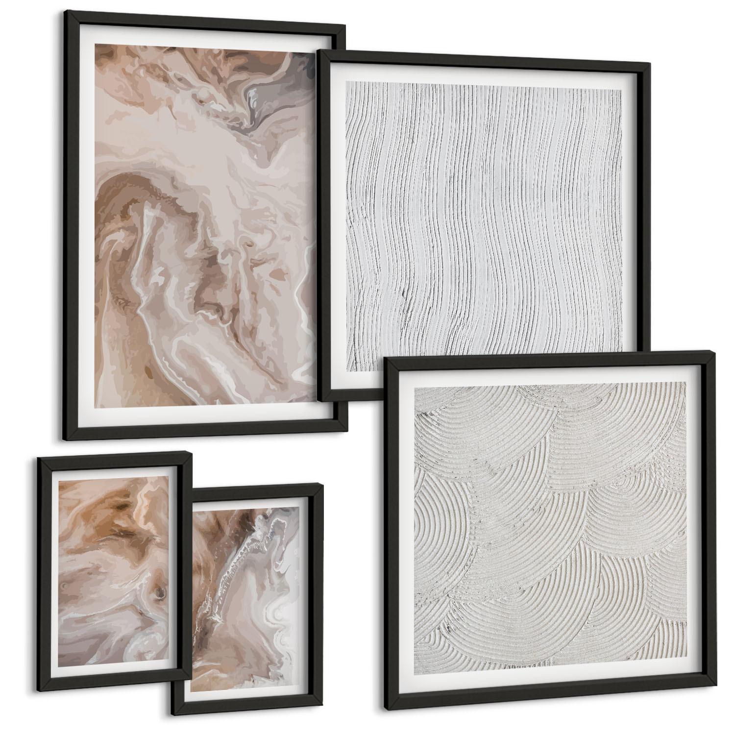 BILDER SET 5er Set - 50x50 cm & 20x30 cm & 40x60 cm Schwarzer Rahmen - Abstrakte Marmormuster aus Stein - Schwarz, Kunststoff (40/60cm) - TULUP