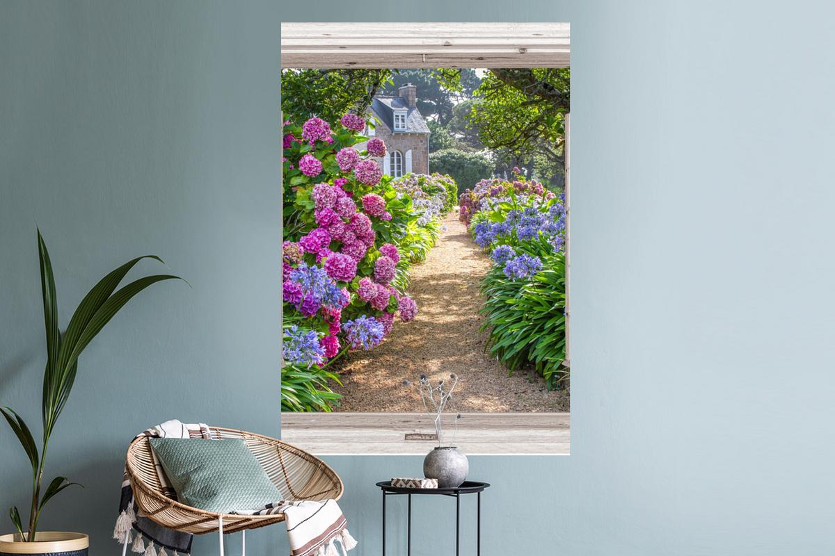 WANDTATTOO Hortensie - Durchsichtig - Blumen - Sommer - Lila - Weg Wandaufkleber 80x120 cm - Lila, Kunststoff (80/120/0.1cm) - MuchoWow