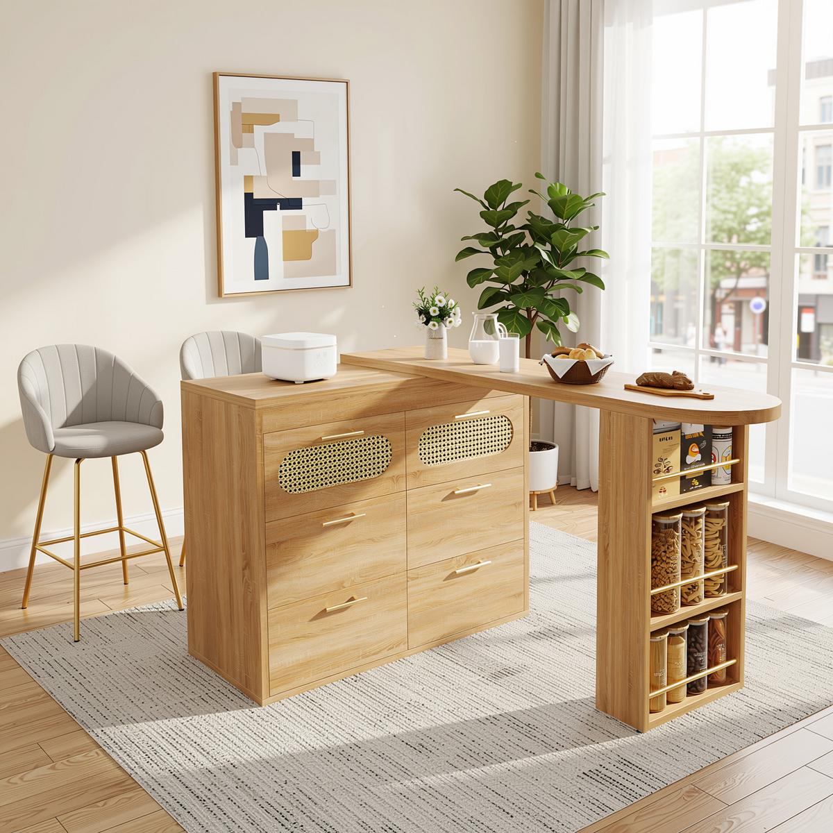 BARTISCH mit küchenbuffet 360° drehbar & 6 schubladen - Naturfarben, Holzwerkstoff (39/203/90cm) - Urban Meuble
