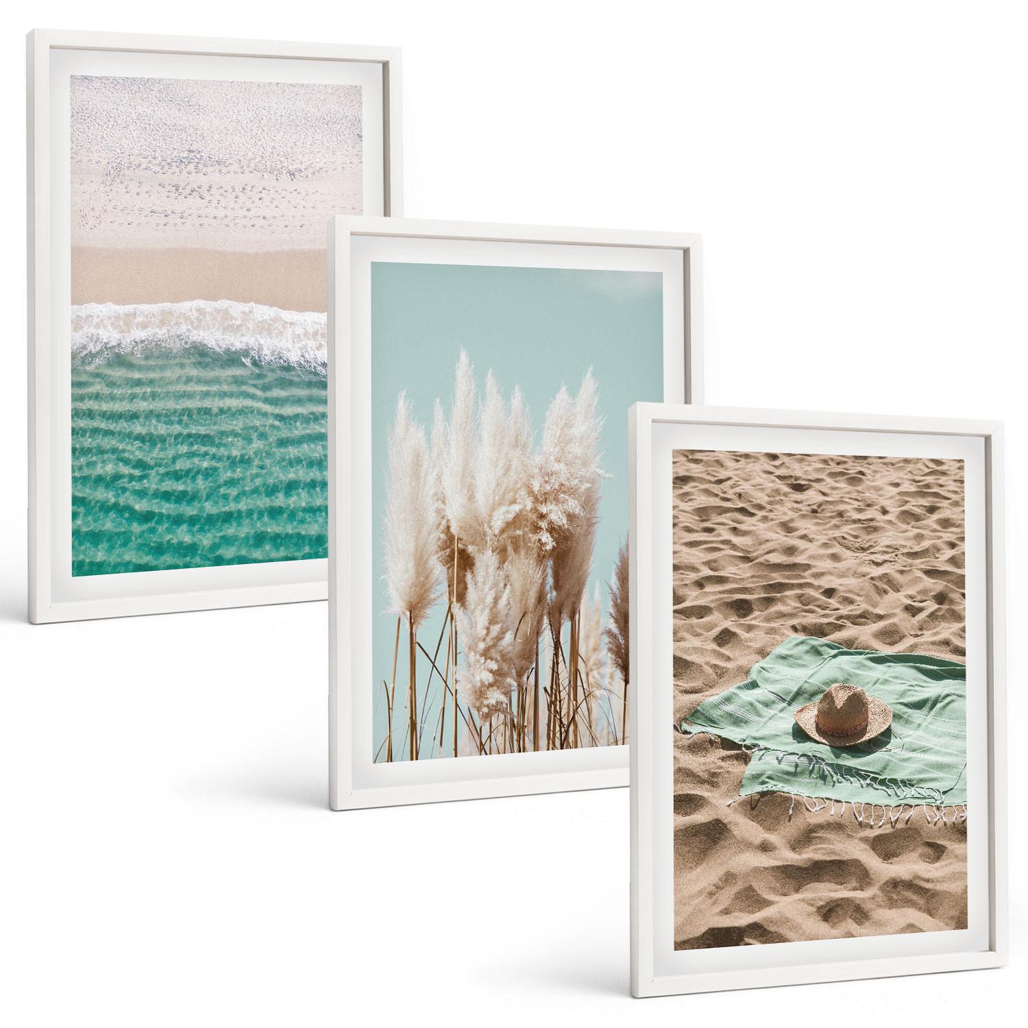 BILDER SET 3er Set - 40x60 cm Weißer Rahmen - Strandwellen Grashut - Weiß, Kunststoff (40/60cm) - TULUP