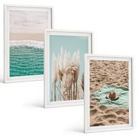 BILDER SET 3er Set - 40x60 cm Weißer Rahmen - Strandwellen Grashut - Weiß, Kunststoff (40/60cm) - TULUP